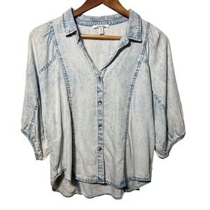 Splendid Light Wash Denim Look Puff Sleeve Button Top S | Soft Vintage Vibes